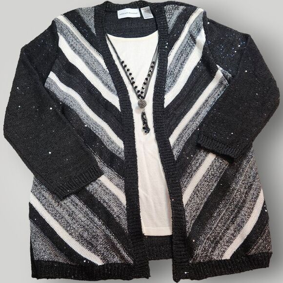 Alfred Dunner Women's S Embellish Black White Two-fer 3/4 Sleeve Sweater - Picture 2 of 15